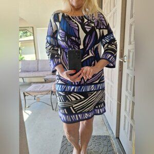 Enfocus Studio Dress 3/4 Sleeves Sz10 Very Pretty Round Neck Purp/Blue Geometric